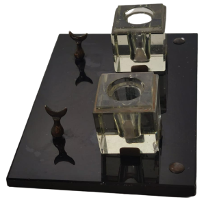 1910 OSMANLI  CİFT BİLLÜR CAM KAİDELİ HOKKA DİVİT KALEM KOYMA YERİ CİFT HİLAL ALEM YAZI HOKKA TAKIMI