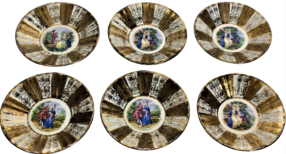 1970 ALTI ADET  ALTIN EL CEKME İÇERLERİ FARKLI RESİMLİ PORSELEN CAY TABAGI ROYAL PORSELEN