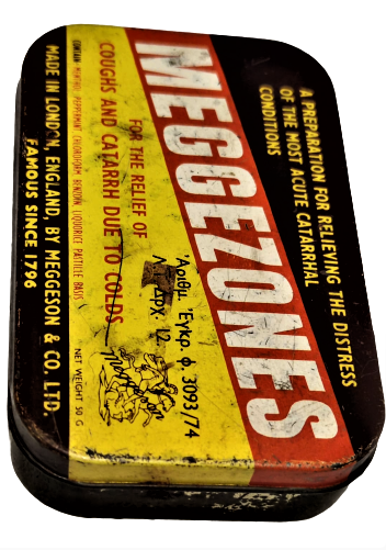 1960 MEGGEZONES PASTILLES MEDICINE TIN BOX WITH GREEK ADVERTISEMENT ENGLAND TENEKE PASTİL KUTUSU