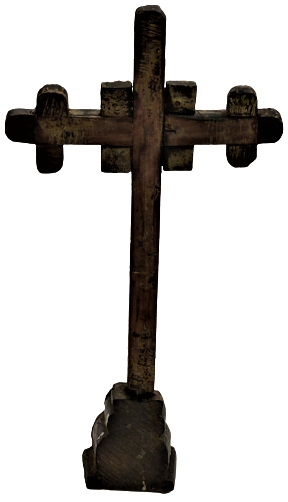 1900 AHŞAP KAİDE ÜZERİNDE PARCALI İSTAVROZ ALTTA SEDEF ÜZERİ KALEM İŞİ ELİNDE HAC TUTAN HAZRETİ  İSA İŞLEME AYİNLERDE KULLANILAN HAC