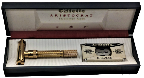 1966 GILLETTE ARISTOCRAT GOLD PLATED ADJUSTABLE SAFETY RAZOR IN ORIGINAL CASE 24 K GOLD PLATE FUL AYARLI TRAŞ MAKİNESİ