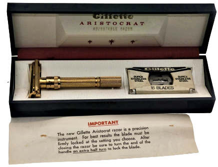 1966 GILLETTE ARISTOCRAT GOLD PLATED ADJUSTABLE SAFETY RAZOR IN ORIGINAL CASE 24 K GOLD PLATE FUL AYARLI TRAŞ MAKİNESİ