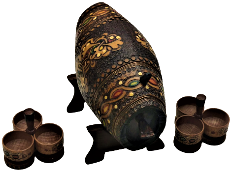 AHŞAP FICI MEŞE AHŞAP PARCALI BAGLANARAK ELDE YAPILMIŞ ALT KAİDELİ MUSLUKLU ÜZERİ EL İŞCİLİKLİ UFAK BOYDA