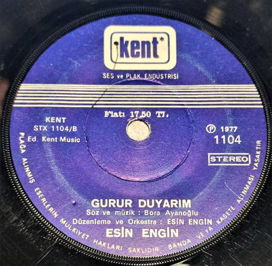 ESİN ENGİN SENDE BİZDENSİN  GURUR DUYARIM 45'LİK PLAK ORJİNAL BASKI KENT SES VE PLAK  ENDUSTRİSİ  STEREO 1977 SENESİ KAYIT