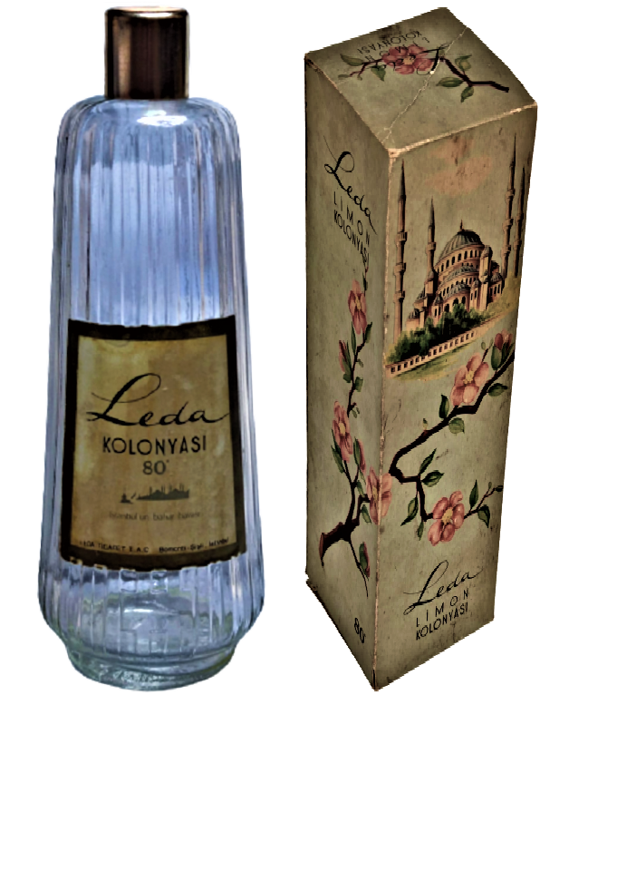 1960 LEDA LİMON KOLONYASI İSTAMBUL MANZARALI KARTON KUTU İCERSİNDE CAM KOLANYA ŞİŞESİ TAM TAKIM