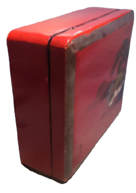 1960 AHŞAP KIRMIZI LAKE BOYALI UZERİNDE SU DEGİRMEN EL CİZİM RESİM VARDIR KAPAKLI KİLİTLİ KUTU MUCEVHER TESBİH KUTUSU