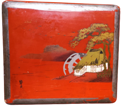 1960 AHŞAP KIRMIZI LAKE BOYALI UZERİNDE SU DEGİRMEN EL CİZİM RESİM VARDIR KAPAKLI KİLİTLİ KUTU MUCEVHER TESBİH KUTUSU