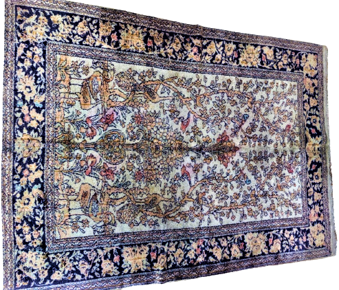 IRAN EV TEZGAHLARINDA EL DOKUMA FLOŞ HALI ÜZERİNDE HAYAT AGACI KUGULAR KUŞLAR CİCEKLER BULUNMAKTADIR