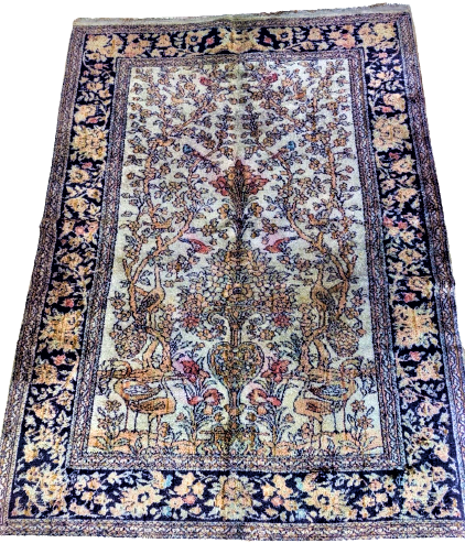 IRAN EV TEZGAHLARINDA EL DOKUMA FLOŞ HALI ÜZERİNDE HAYAT AGACI KUGULAR KUŞLAR CİCEKLER BULUNMAKTADIR