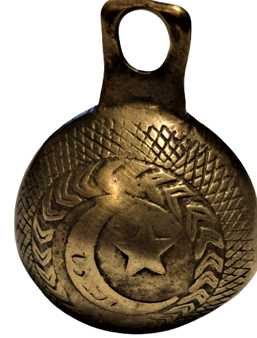 OSMANLI BRONZ ÜZERİ EL KAZIMA CAN ÜZERİNDE GÖRSELDE CELENK ORTASINDA HİLAL VE YILDIZ HİLALİN İÇİ YAZILI TONGURDAK ZİL