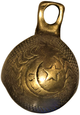 OSMANLI BRONZ ÜZERİ EL KAZIMA CAN ÜZERİNDE GÖRSELDE CELENK ORTASINDA HİLAL VE YILDIZ HİLALİN İÇİ YAZILI TONGURDAK ZİL