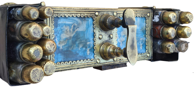 1950 AHŞAP ÜZERİ SARI PİRİNC AYAKKABI BOYACISI  SANDIGI KUNDURA CİLALAMA BOYACI SANDIK 16 CAM ŞİŞE GÖZLU KİLİTLİ BOZUK PARA KUMBARA CEKMECELİ