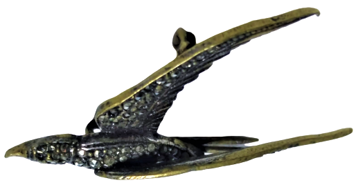 1960 TAMAMI EL İŞCİLİKLİ KIRLANGIC KUŞU ÜZERİ KIRINTI İSTANBUL TAŞI MIHLANMIŞ BRONZ ÜZERİNE İGNELİ YAKA  BROŞ