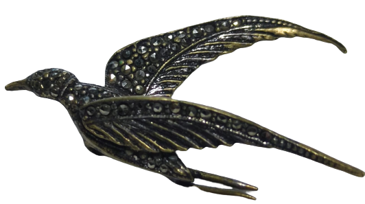 1960 TAMAMI EL İŞCİLİKLİ KIRLANGIC KUŞU ÜZERİ KIRINTI İSTANBUL TAŞI MIHLANMIŞ BRONZ ÜZERİNE İGNELİ YAKA  BROŞ