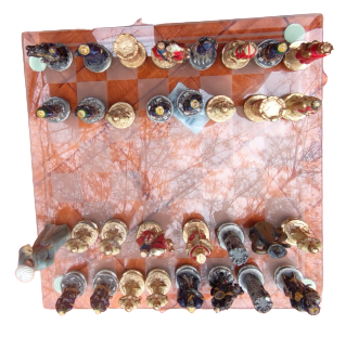 SATRANC TAKIMI  ALT CAM KAİDE GECİŞLİ DAMALI METAL KURŞUN DÖKÜM ÜZERLERİ EL BOYAMA FARKLI FORMLARDA PİYONLAR 