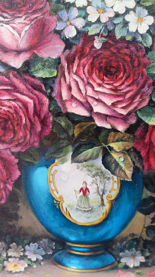 RESSAM SANATCI YAKUP HUSEYİNZADE İMZALI VAZODA GÜLLER VE HANIMELLERİ TUAL UZERİNE YAGLI BOYA CALIŞMA 