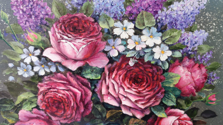 RESSAM SANATCI YAKUP HUSEYİNZADE İMZALI VAZODA GÜLLER VE HANIMELLERİ TUAL UZERİNE YAGLI BOYA CALIŞMA 