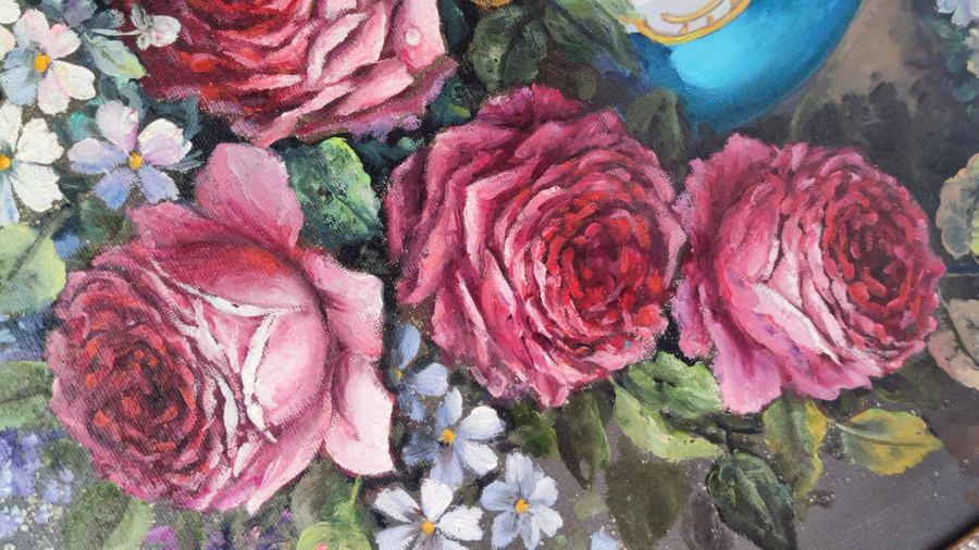 RESSAM SANATCI YAKUP HUSEYİNZADE İMZALI VAZODA GÜLLER VE HANIMELLERİ TUAL UZERİNE YAGLI BOYA CALIŞMA 