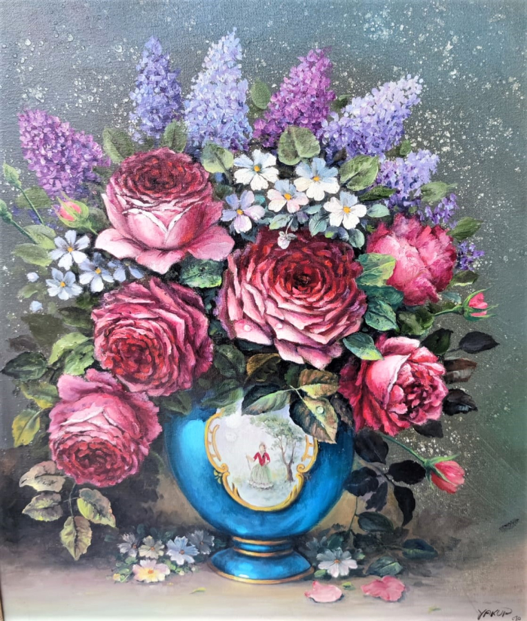RESSAM SANATCI YAKUP HUSEYİNZADE İMZALI VAZODA GÜLLER VE HANIMELLERİ TUAL UZERİNE YAGLI BOYA CALIŞMA 