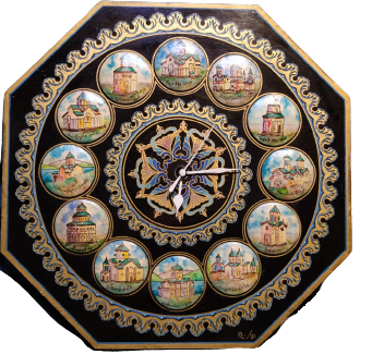 1970 ERMENİSTAN AHŞAP ÜZERİ EL CİZİM ERMENİSTANIN TARİHİ YERLERİ  EL CİZİM QUARZT DUVAR SAATİ SANATCI İMZALI