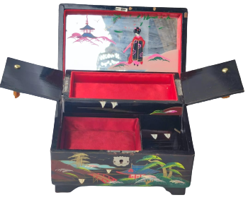 1950 LAKE KENARLAR SEDEF KAKMA ÜZERİ EL CİZİM LATERNALI MUZİKLİ KAPAKLI İÇERSİ BÖLMELİ MUCEVHER KUTUSU