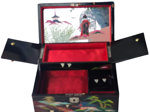 1950 LAKE KENARLAR SEDEF KAKMA ÜZERİ EL CİZİM LATERNALI MUZİKLİ KAPAKLI İÇERSİ BÖLMELİ MUCEVHER KUTUSU