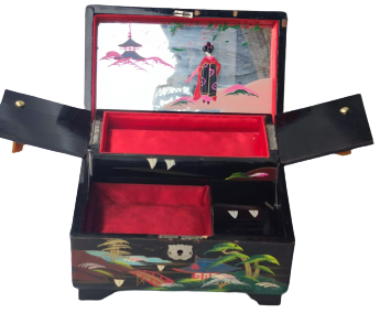 1950 LAKE KENARLAR SEDEF KAKMA ÜZERİ EL CİZİM LATERNALI MUZİKLİ KAPAKLI İÇERSİ BÖLMELİ MUCEVHER KUTUSU