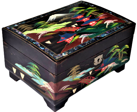 1950 LAKE KENARLAR SEDEF KAKMA ÜZERİ EL CİZİM LATERNALI MUZİKLİ KAPAKLI İÇERSİ BÖLMELİ MUCEVHER KUTUSU