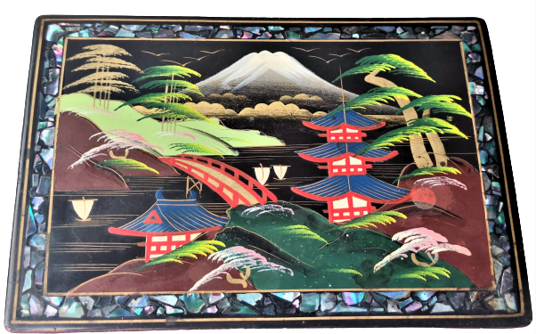 1950 LAKE KENARLAR SEDEF KAKMA ÜZERİ EL CİZİM LATERNALI MUZİKLİ KAPAKLI İÇERSİ BÖLMELİ MUCEVHER KUTUSU