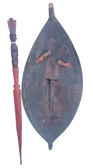 AFRİKA  YÖRESEL AHŞAP VE DERİ SÜSLEMELİ KALKAN VE MIZRAK EL YAPIM 