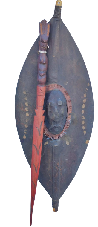 AFRİKA  YÖRESEL AHŞAP VE DERİ SÜSLEMELİ KALKAN VE MIZRAK EL YAPIM 