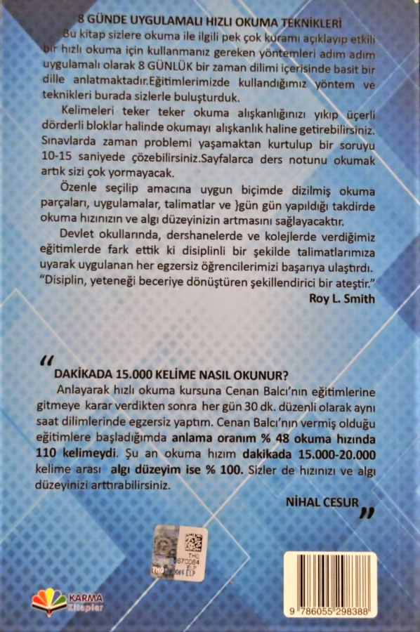 CENAN BALCI 8 GÜNDE UYGULAMALI HIZLI OKUMA TEKNİKLERİ KARTON KAPAK 330 SAYFA 13.5 X 21 CM