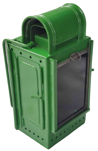 1. DUNYA SAVAŞI ALMAN ÜRETİMİ ASKERİ TREN TAŞINABİLİNİR FENER VEYA  TAKILABİLİNİR İŞARET YOL LAMBASI ÖN CAM YEŞİL İCERSİNDE GAZ YAGI İLE CALIŞAN FİTİLLİ LAMBA 