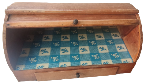 1940 MASİF STOR KAPAKLI ATÖLYE EL YAPIM  CEKMECELİ EKMEK SAKLAMA DOLABI  İÇERSİ MAVİ MUSANBA KAPLAMA 