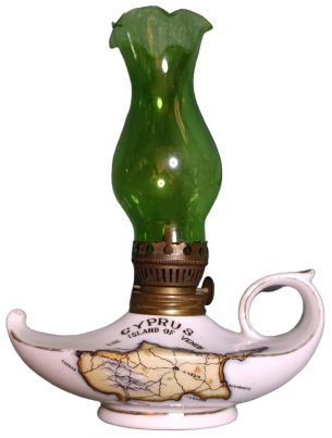 1960 CYPRUS THE ISLAND OF VENUS LAMP BEYAZ PORSELEN ÜZERİ KIBRIS HARİTALI  YEŞİL CAMLI GAZ LAMBASI PARMAK TUTMA YERLİ  ALADDİNİN LAMBASI  ŞEKLİNDE 