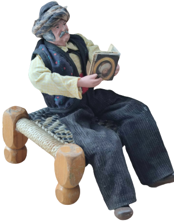 OSMANLI AHSAP ÖRME  SEDİRDE OTURUP ELİNDE KURAN TUTARAK OKUYAN DERVİŞ TAMAMI EL YAPIM SANATCI YAPIMI