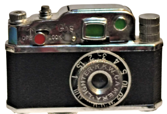 KKW PP 13449 MİNİ TRİPOT AYAKLI OBJEKTİFLİ FOTOĞRAF MAKİNESİ ŞEKLİNDE MEKANİK TAŞLI GAZLI CAKMAK LİGHTER JAPAN 1948