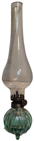 OSMANLI GELİN GAZ LAMBASI UFAK BOYDA DİLİMLİ YEŞİL 3 AYAKLI CAM DEPO 3 NUMARA BEYAZ ÜST ŞİŞELİ