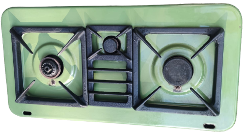 1970 AUER YEŞİL EMAYE KAPLAMA 3 GÖZ METAL OCAK DETANTÖR VE HORTUMU ÜZERİNDE