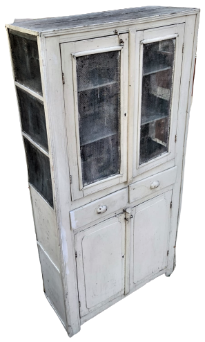 1930 BUYUK BOY MASİF BEYAZ BOYALI EV TİPİ TEL DOLAP CİFT CEKMECELİ DÖRT KAPILI BEŞ RAFLI 