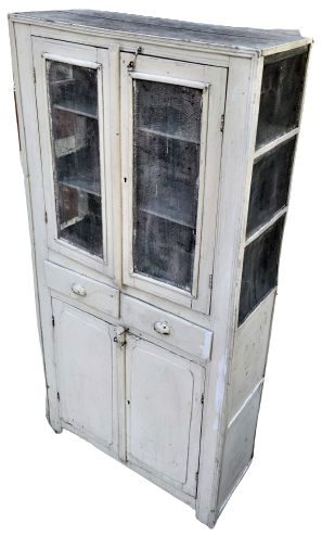 1930 BUYUK BOY MASİF BEYAZ BOYALI EV TİPİ TEL DOLAP CİFT CEKMECELİ DÖRT KAPILI BEŞ RAFLI 