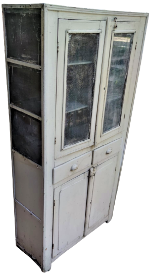 1930 BUYUK BOY MASİF BEYAZ BOYALI EV TİPİ TEL DOLAP CİFT CEKMECELİ DÖRT KAPILI BEŞ RAFLI 