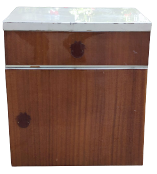 1960 MASİF BEYAZ BOYA ON TARAFLARI KAHVERENGİ DESENLİ KAPLI  FORMİKA  TEK CEKMECELİ ALTI DOLAP CİFT BAŞUCU KOMODİN