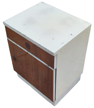 1960 MASİF BEYAZ BOYA ON TARAFLARI KAHVERENGİ DESENLİ KAPLI  FORMİKA  TEK CEKMECELİ ALTI DOLAP CİFT BAŞUCU KOMODİN