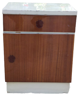 1960 MASİF BEYAZ BOYA ON TARAFLARI KAHVERENGİ DESENLİ KAPLI  FORMİKA  TEK CEKMECELİ ALTI DOLAP CİFT BAŞUCU KOMODİN