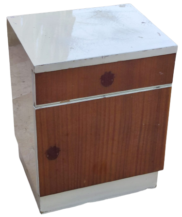 1960 MASİF BEYAZ BOYA ON TARAFLARI KAHVERENGİ DESENLİ KAPLI  FORMİKA  TEK CEKMECELİ ALTI DOLAP CİFT BAŞUCU KOMODİN