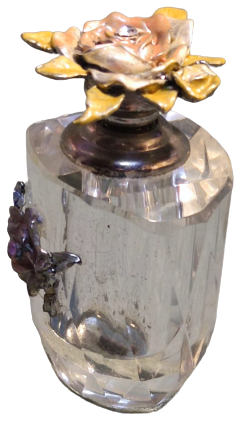 OSMANLI PAZARINA YAPILMIŞ GÜMÜŞ GÜL  KAPAKLI ŞİŞE ONUNDE TAŞLI GÜL FASATALI ŞEFFAF CAM KESİM ŞİŞE  FRANSIZ PARFUM ŞİŞESİ 