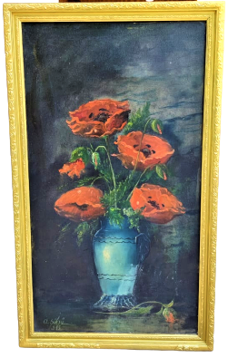 1973 TARİHLİ OL. ŞÜKRÜ SANATCI İMZALI VAZODA GÜLLER KASNAK ÜZERİ TUAL UZERİNE YAGLI BOYA CALIŞMA MASİF KENDİ ORJİNAL CERCEVESİNDE 