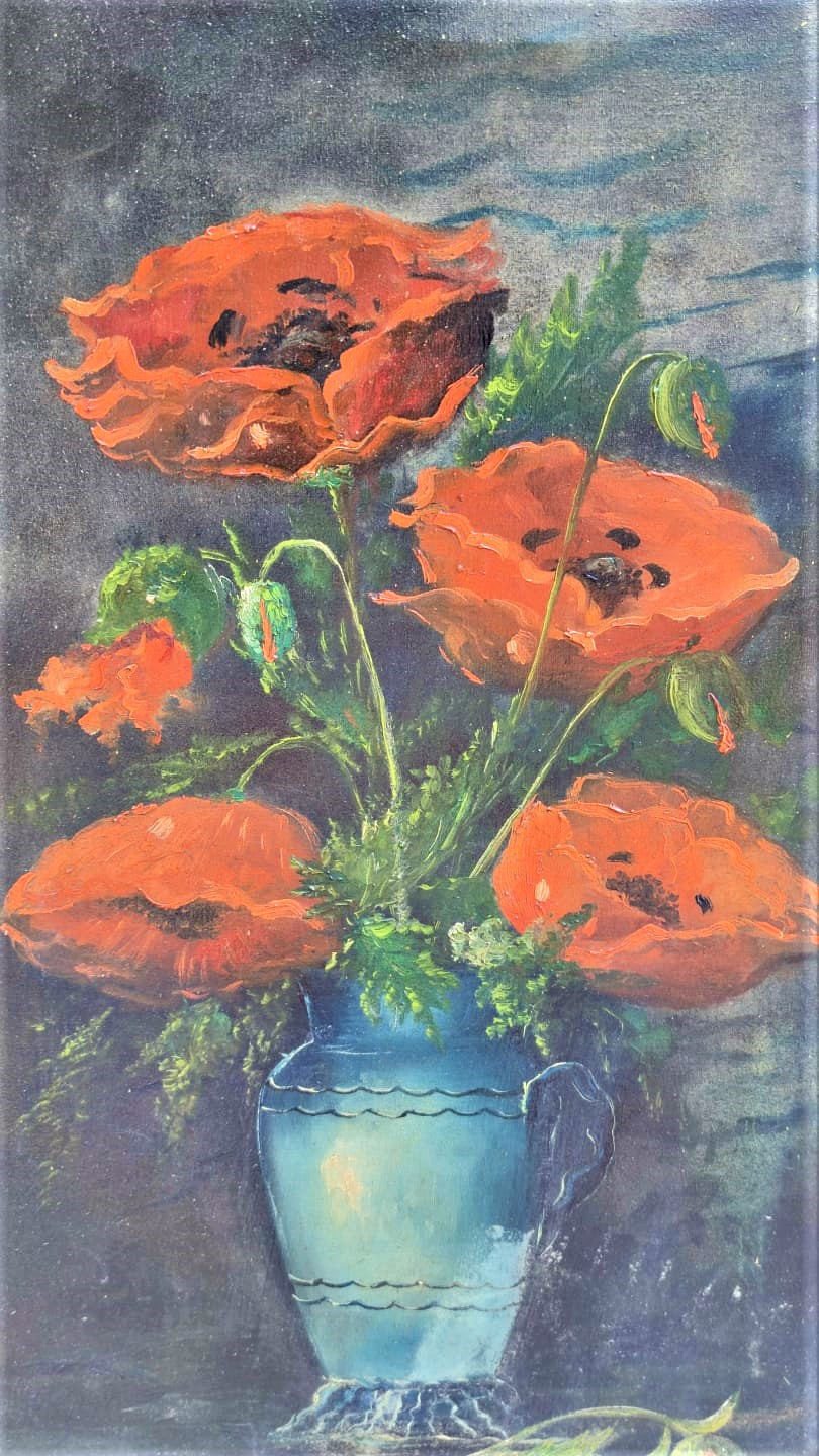 1973 TARİHLİ OL. ŞÜKRÜ SANATCI İMZALI VAZODA GÜLLER KASNAK ÜZERİ TUAL UZERİNE YAGLI BOYA CALIŞMA MASİF KENDİ ORJİNAL CERCEVESİNDE 