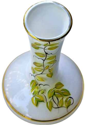 1950 OPALİN BEYAZ SÜT  VAZO ÜZERİ EL BOYAMA CİCEKLER VAZO AGZI VE GÖVDESİ EL CEKME ALTIN 